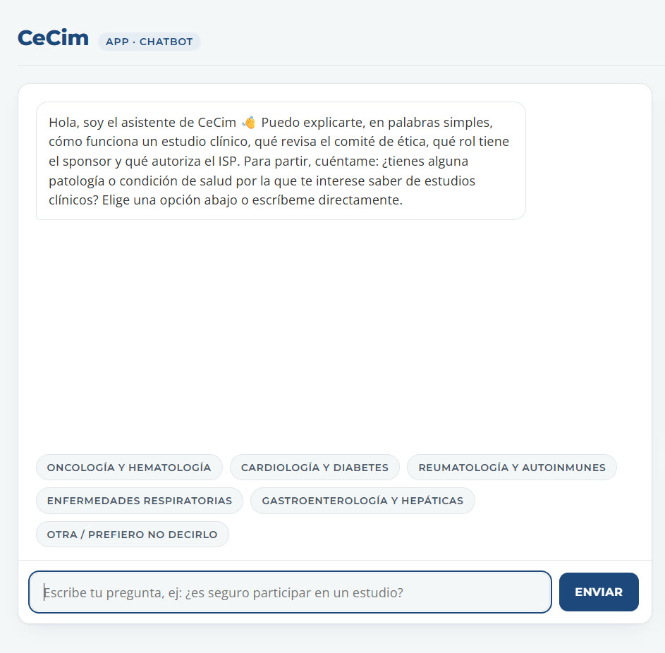Pantalla inicial del chatbot: saludo del asistente, botones por área de salud y caja de texto para escribir.