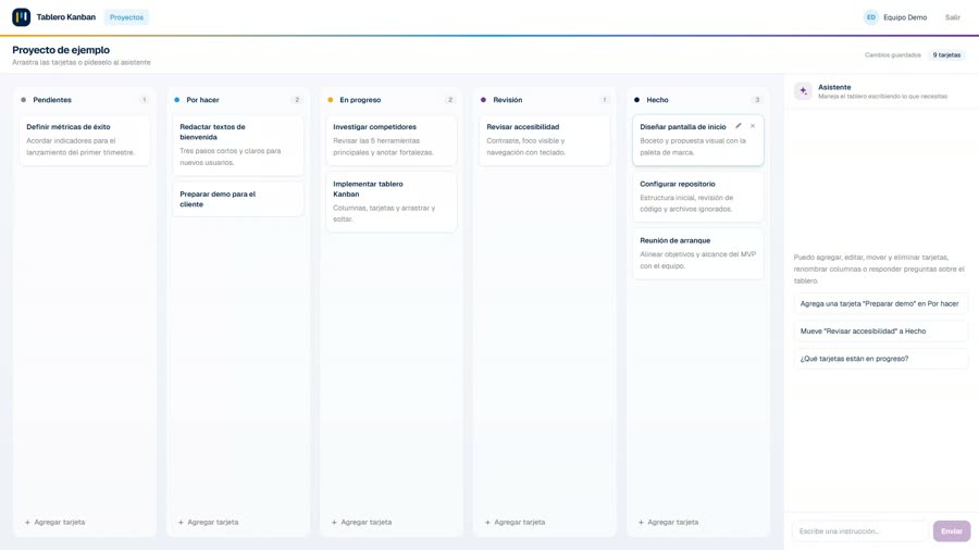 Vista previa de Kanban: tablero de cinco columnas con tarjetas que se arrastran de una columna a otra.